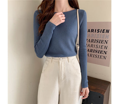 Long-Sleeve Top Plain Slim-Fit Knit