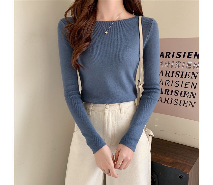 Long-Sleeve Top Plain Slim-Fit Knit