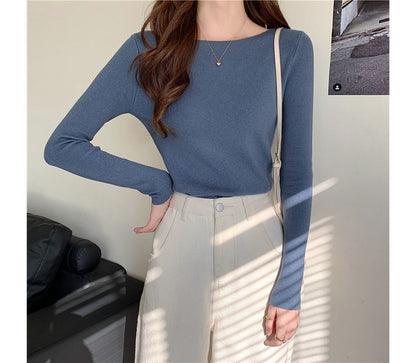 Long-Sleeve Top Plain Slim-Fit Knit