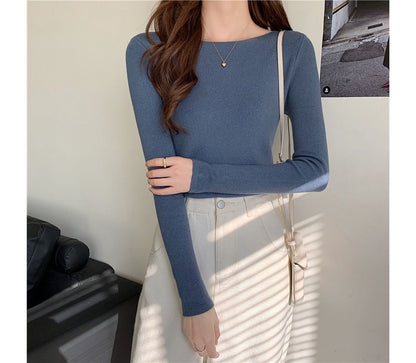 Long-Sleeve Top Plain Slim-Fit Knit