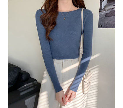 Long-Sleeve Top Plain Slim-Fit Knit