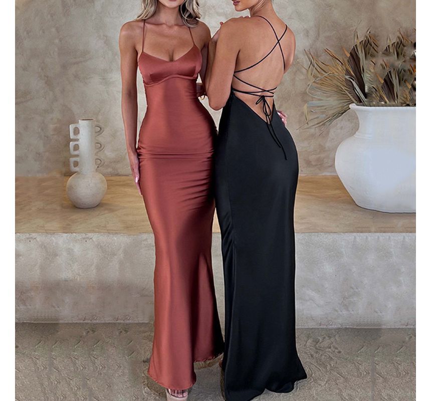 Spaghetti Strap V-Neck Plain Tie Back Satin Maxi Mermaid Evening Gown