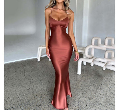 Spaghetti Strap V-Neck Plain Tie Back Satin Maxi Mermaid Evening Gown
