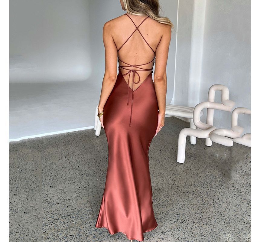 Spaghetti Strap V-Neck Plain Tie Back Satin Maxi Mermaid Evening Gown