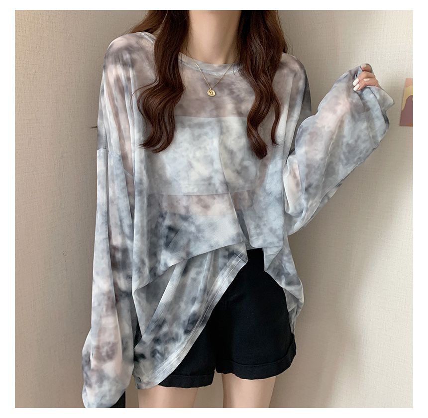 Long-Sleeve Crew Neck Tie Dye Mesh Oversized Tee