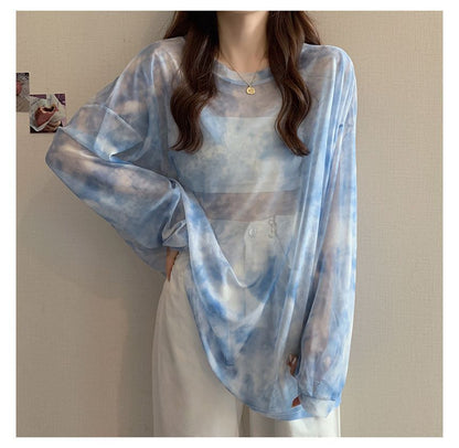 Long-Sleeve Crew Neck Tie Dye Mesh Oversized Tee