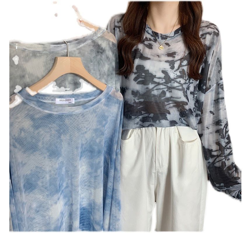 Long-Sleeve Crew Neck Tie Dye Mesh Oversized Tee