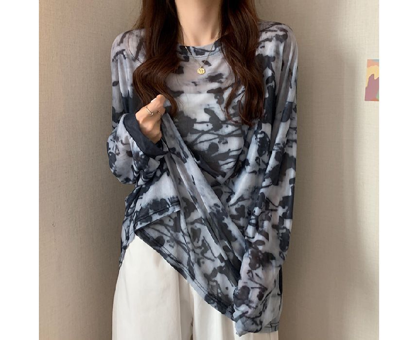 Long-Sleeve Crew Neck Tie Dye Mesh Oversized Tee