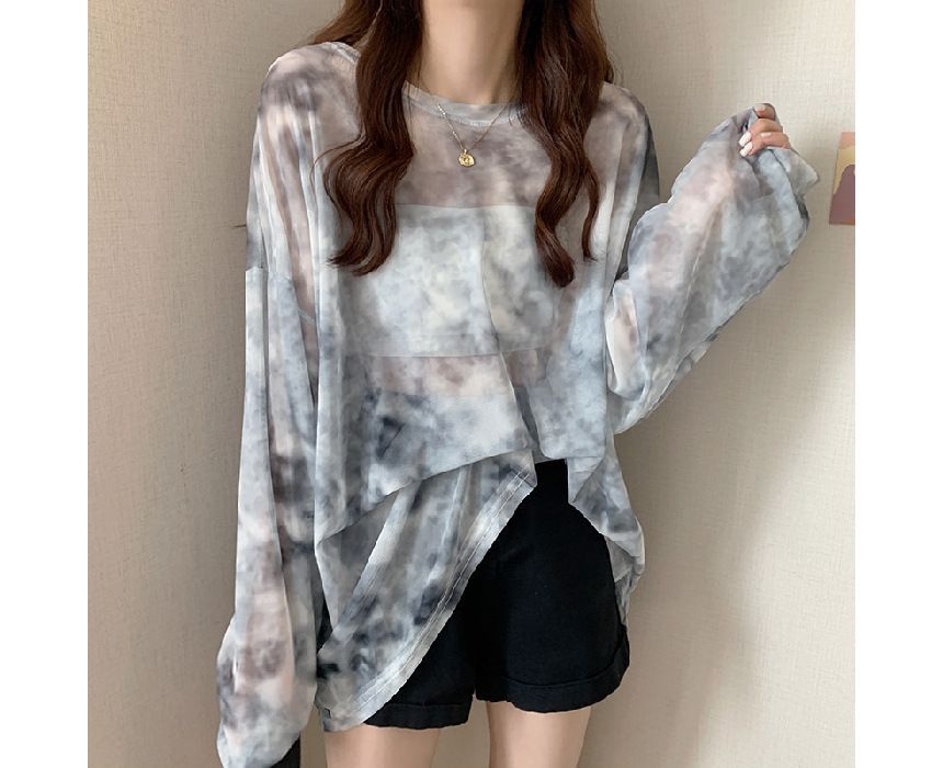 Long-Sleeve Crew Neck Tie Dye Mesh Oversized Tee