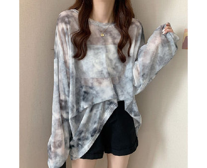 Long-Sleeve Crew Neck Tie Dye Mesh Oversized Tee