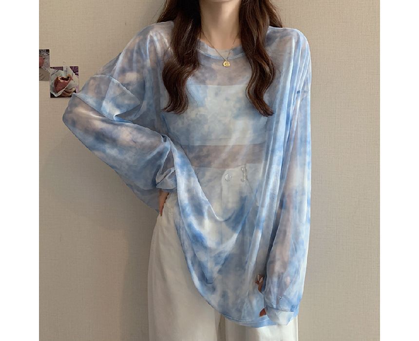 Long-Sleeve Crew Neck Tie Dye Mesh Oversized Tee