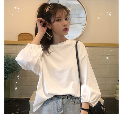 Long-Sleeve Round Neck Plain Oversized T-Shirt