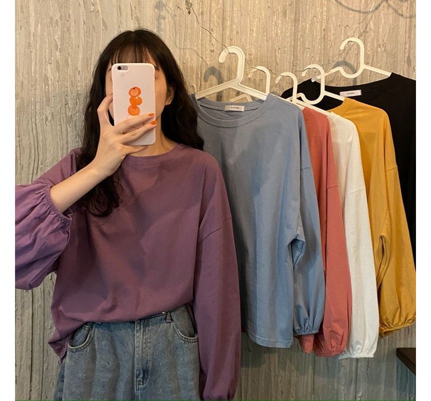 Long-Sleeve Round Neck Plain Oversized T-Shirt