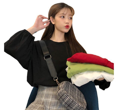 Long-Sleeve Round Neck Plain Oversized T-Shirt