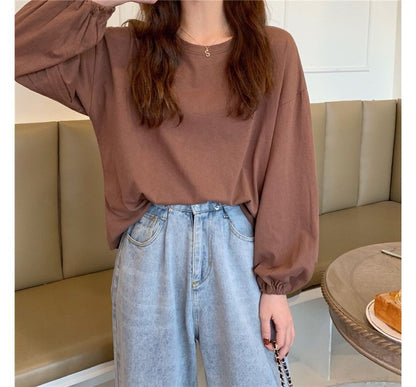 Long-Sleeve Round Neck Plain Oversized T-Shirt