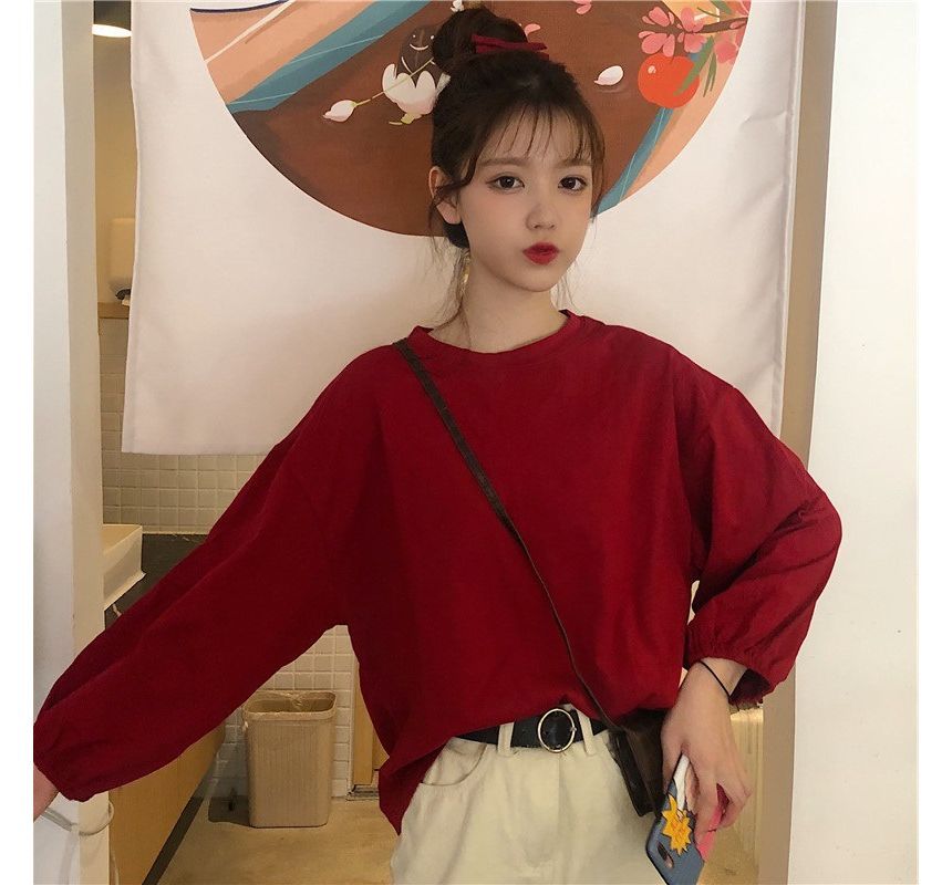 Long-Sleeve Round Neck Plain Oversized T-Shirt