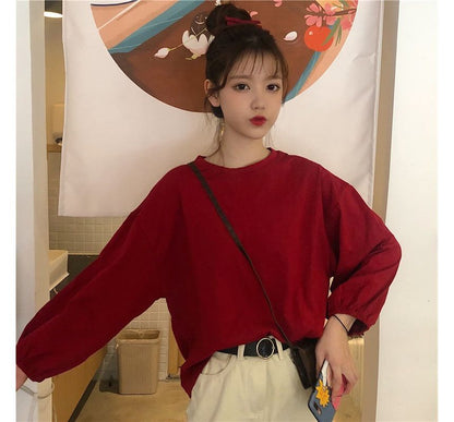 Long-Sleeve Round Neck Plain Oversized T-Shirt