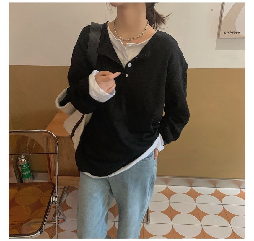 Long-Sleeve Mock Two-Piece Henley T-Shirt