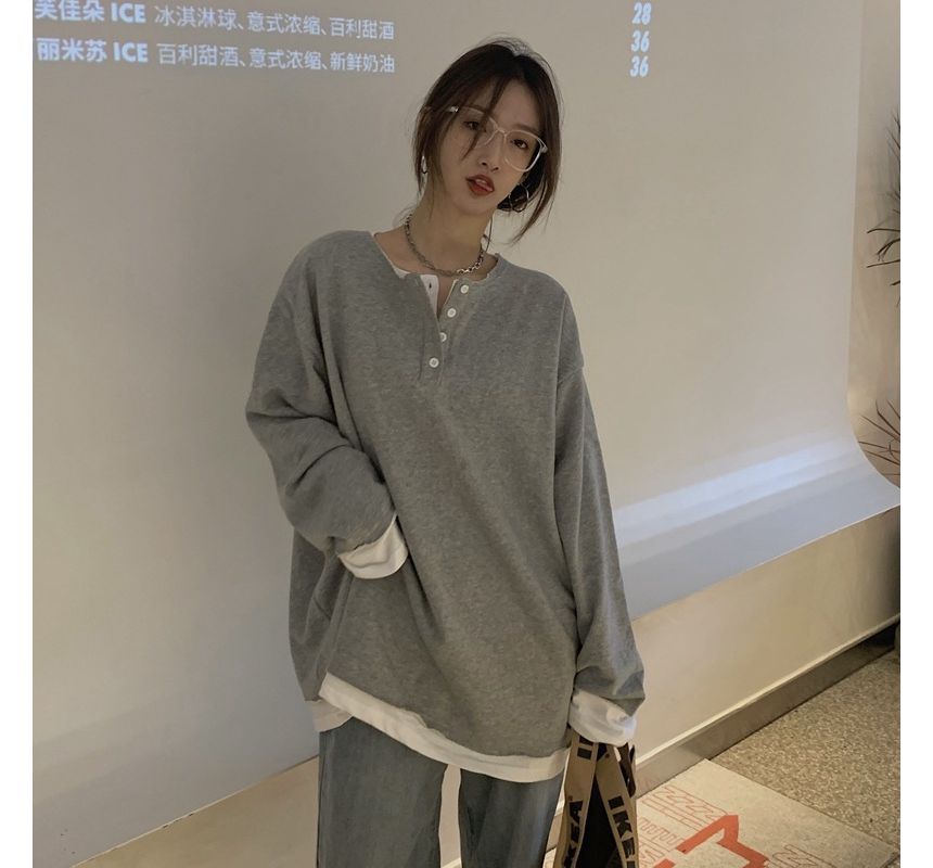 Long-Sleeve Mock Two-Piece Henley T-Shirt