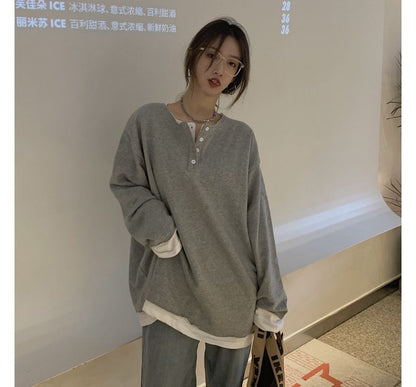 Long-Sleeve Mock Two-Piece Henley T-Shirt