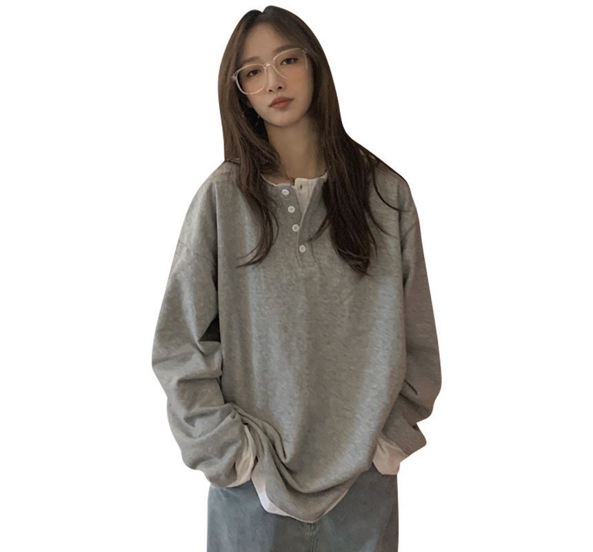 Long-Sleeve Mock Two-Piece Henley T-Shirt