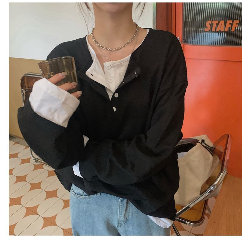 Long-Sleeve Mock Two-Piece Henley T-Shirt