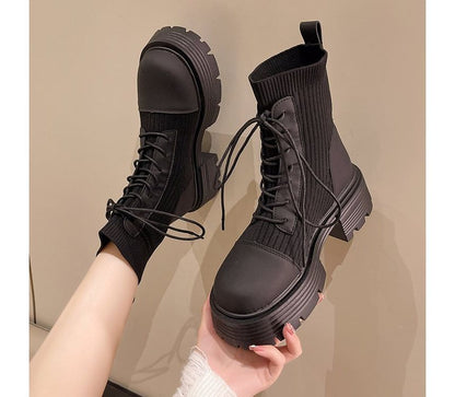 Platform Leather Panel Short Lace-Up Knit Faux Boots