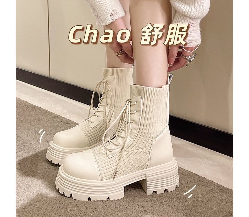 Platform Leather Panel Short Lace-Up Knit Faux Boots