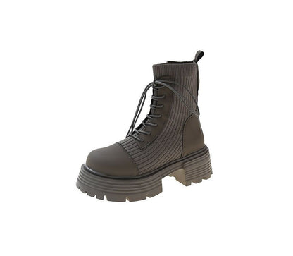 Platform Leather Panel Short Lace-Up Knit Faux Boots