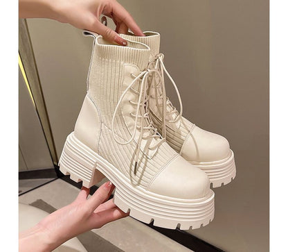 Platform Leather Panel Short Lace-Up Knit Faux Boots