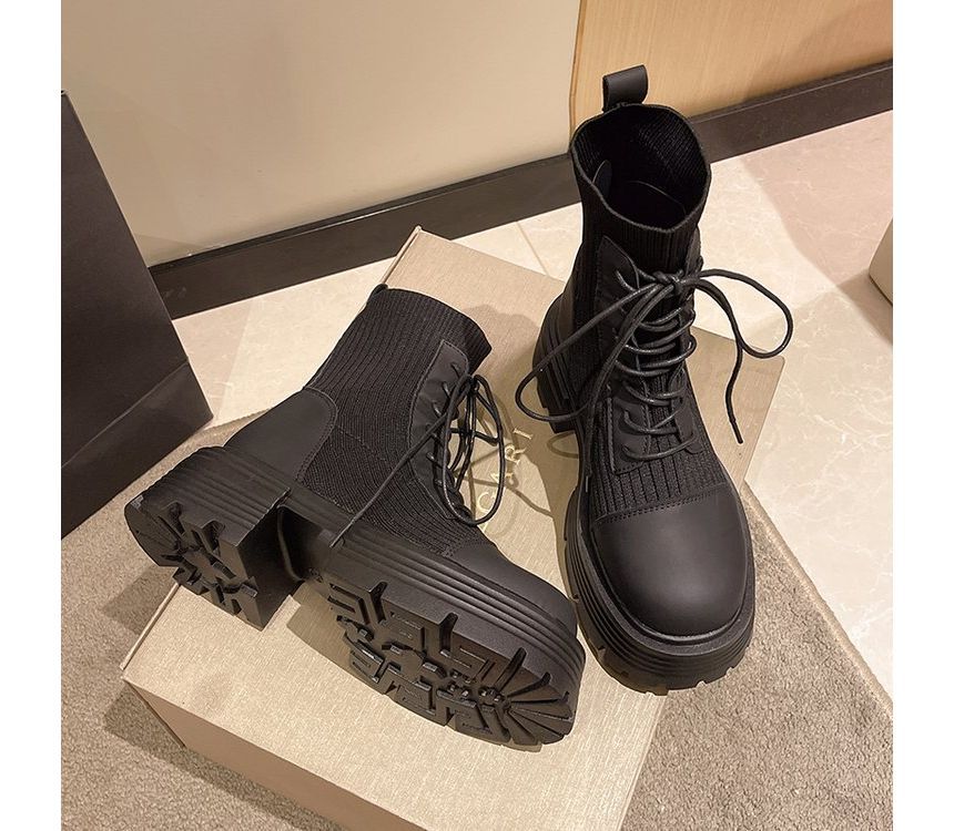 Platform Leather Panel Short Lace-Up Knit Faux Boots