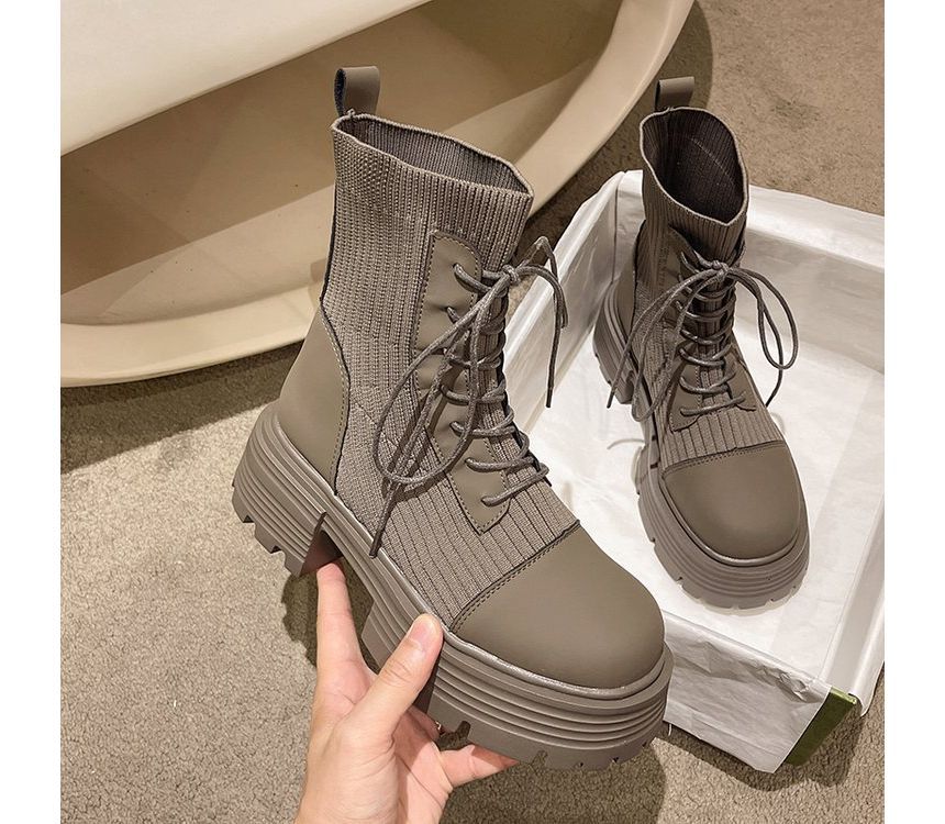 Platform Leather Panel Short Lace-Up Knit Faux Boots