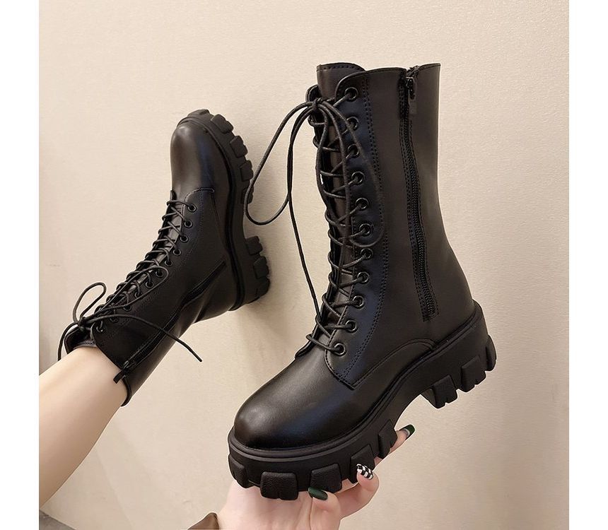 Platform Lace-Up Short Faux Boots Leather