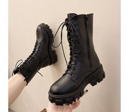 Platform Lace-Up Short Faux Boots Leather