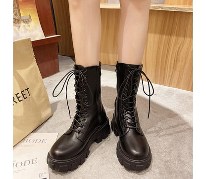 Platform Lace-Up Short Faux Boots Leather