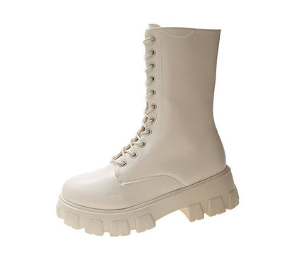 Platform Lace-Up Short Faux Boots Leather