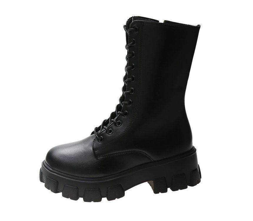 Platform Lace-Up Short Faux Boots Leather