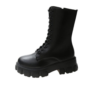 Platform Lace-Up Short Faux Boots Leather