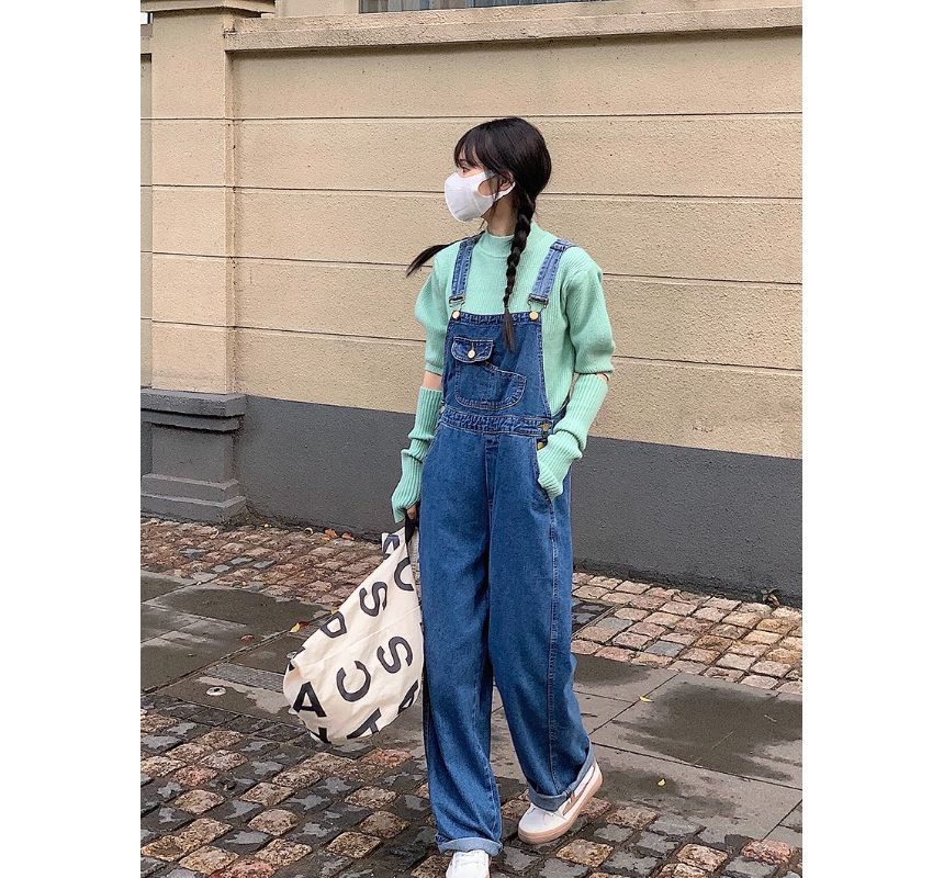 Puff-Sleeve Mock Neck Plain Knit Top / Arm Sleeves / Denim Overalls / Set