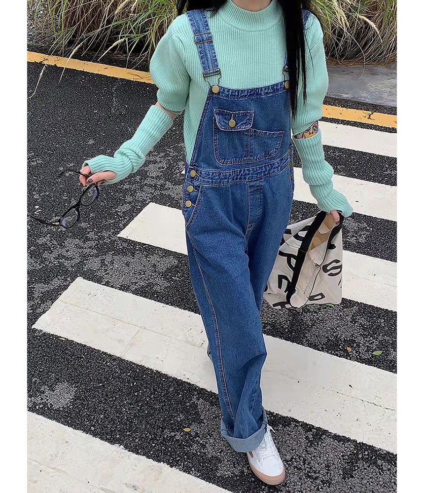 Puff-Sleeve Mock Neck Plain Knit Top / Arm Sleeves / Denim Overalls / Set