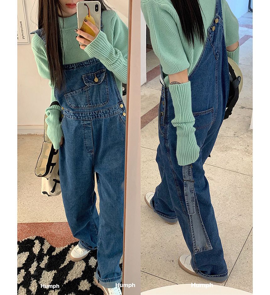 Puff-Sleeve Mock Neck Plain Knit Top / Arm Sleeves / Denim Overalls / Set