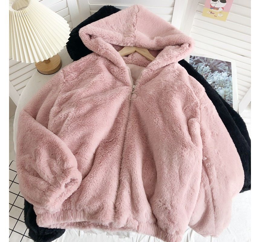 Plain Fluffy Hooded Zip Jacket