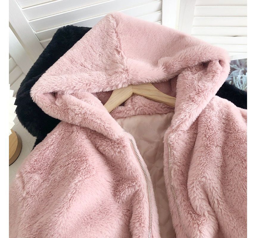 Plain Fluffy Hooded Zip Jacket