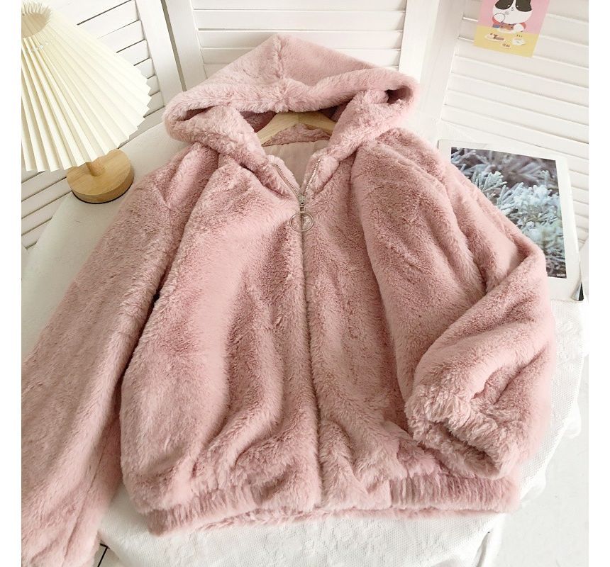Plain Fluffy Hooded Zip Jacket