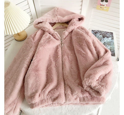 Plain Fluffy Hooded Zip Jacket