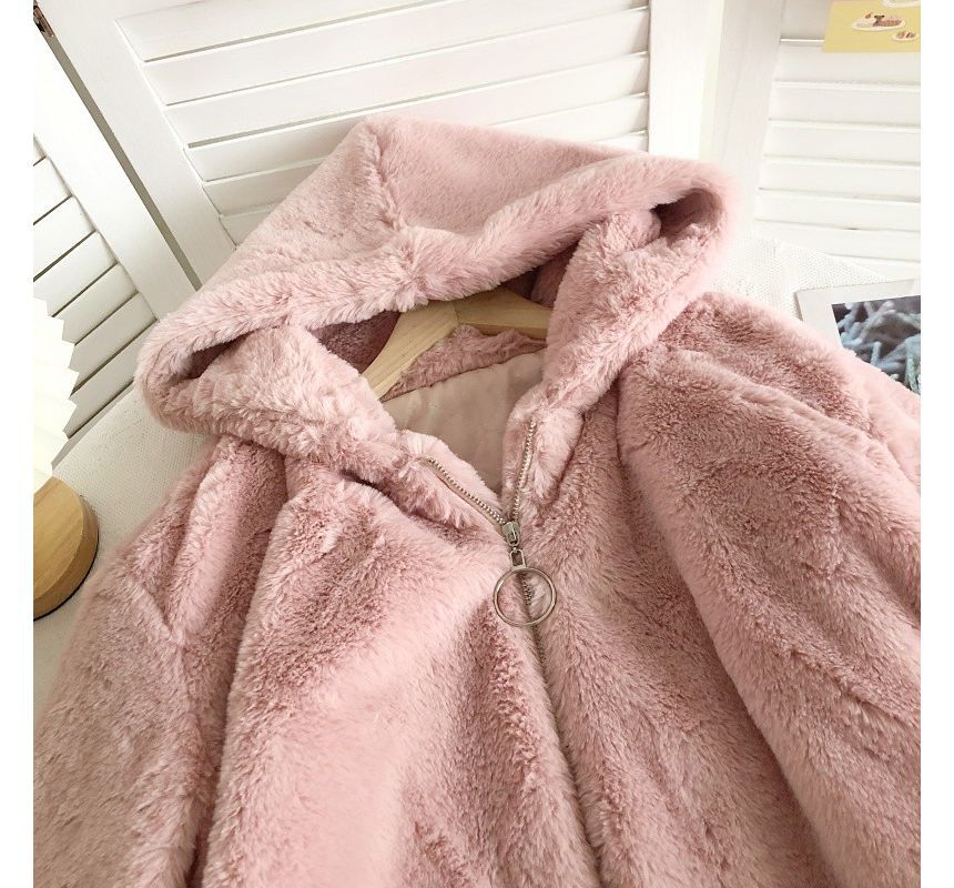 Plain Fluffy Hooded Zip Jacket