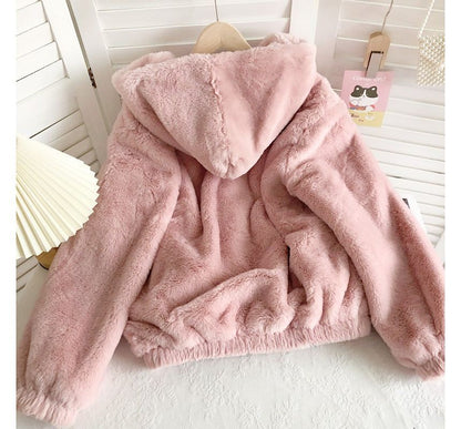Plain Fluffy Hooded Zip Jacket
