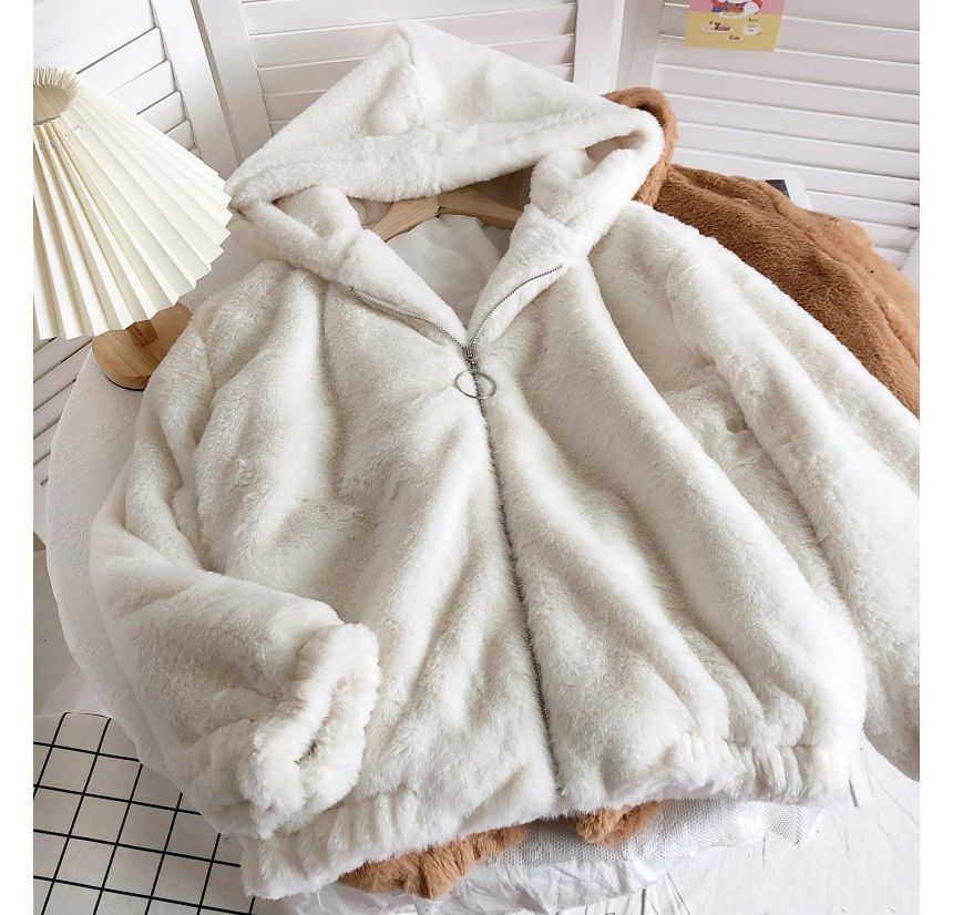 Plain Fluffy Hooded Zip Jacket