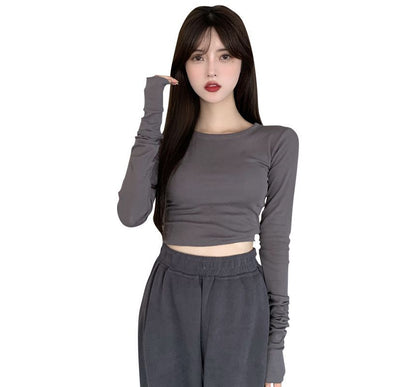 Long-Sleeve Round Neck Plain Crop Slim Fit Tee
