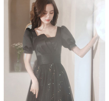 Short-Sleeve Sequin Mesh Panel A-Line Evening Gown